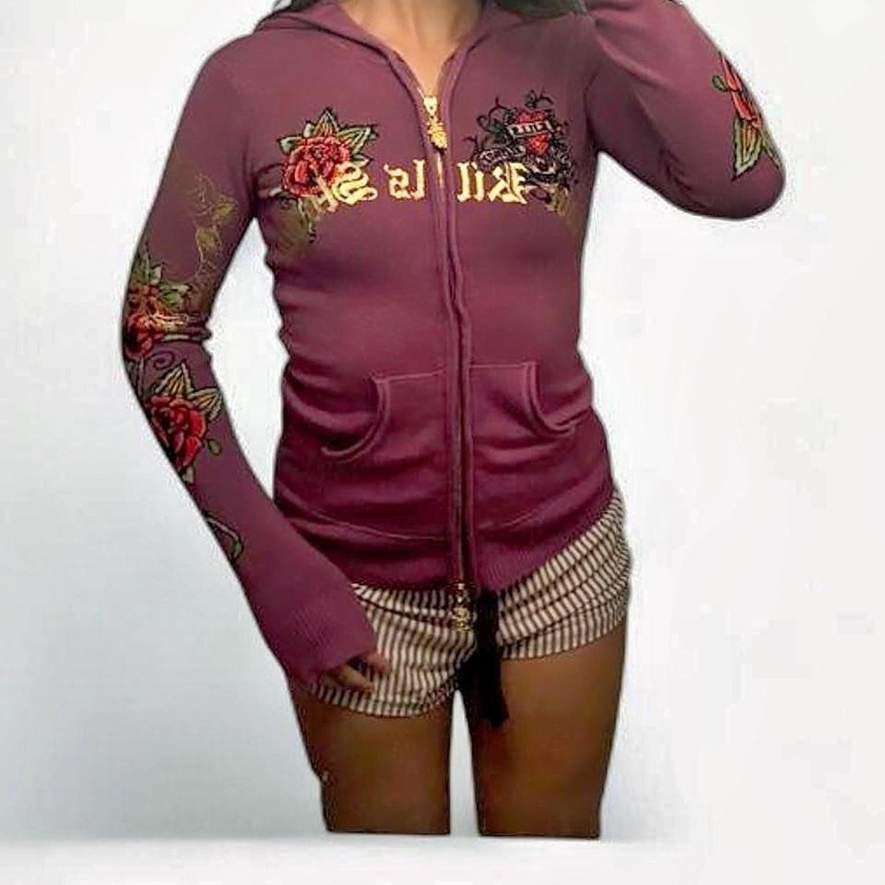 RARE Vintage Y2K Ed Hardy Love Kills Slowly Rhinestone Zip Hoodie Purple XS